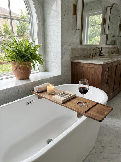 Luxury Wooden Bathub Caddy Tray - Premium Natural Acacia Bath Organizer with Wine Glass Holder, Tablet Slot and Phone Mount - Expandable Spa Board to Fit Most Tubs