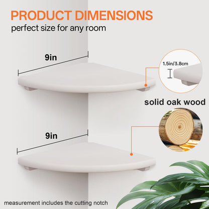 Gieanoo Floating Corner Shelves Set 2 9inch White Solid Oak Rounded Corner Shelves Wall Mounted with Cable Hole Wood Corner Hanging Shelves for Living Room Bedroom Bathroom Kitchen