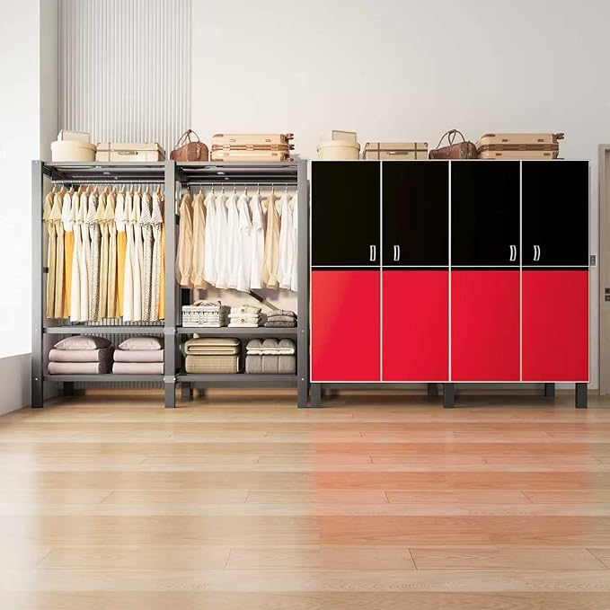 Foldable Portable Wardrobe Closet with Magnetic Doors & Cover, Heavy Duty Covered Clothes Rack with Hanging Clothing Rod, Metal Frame Standing Alone Closet for Bedroom (Door Design A, 70.9IN/180CM)