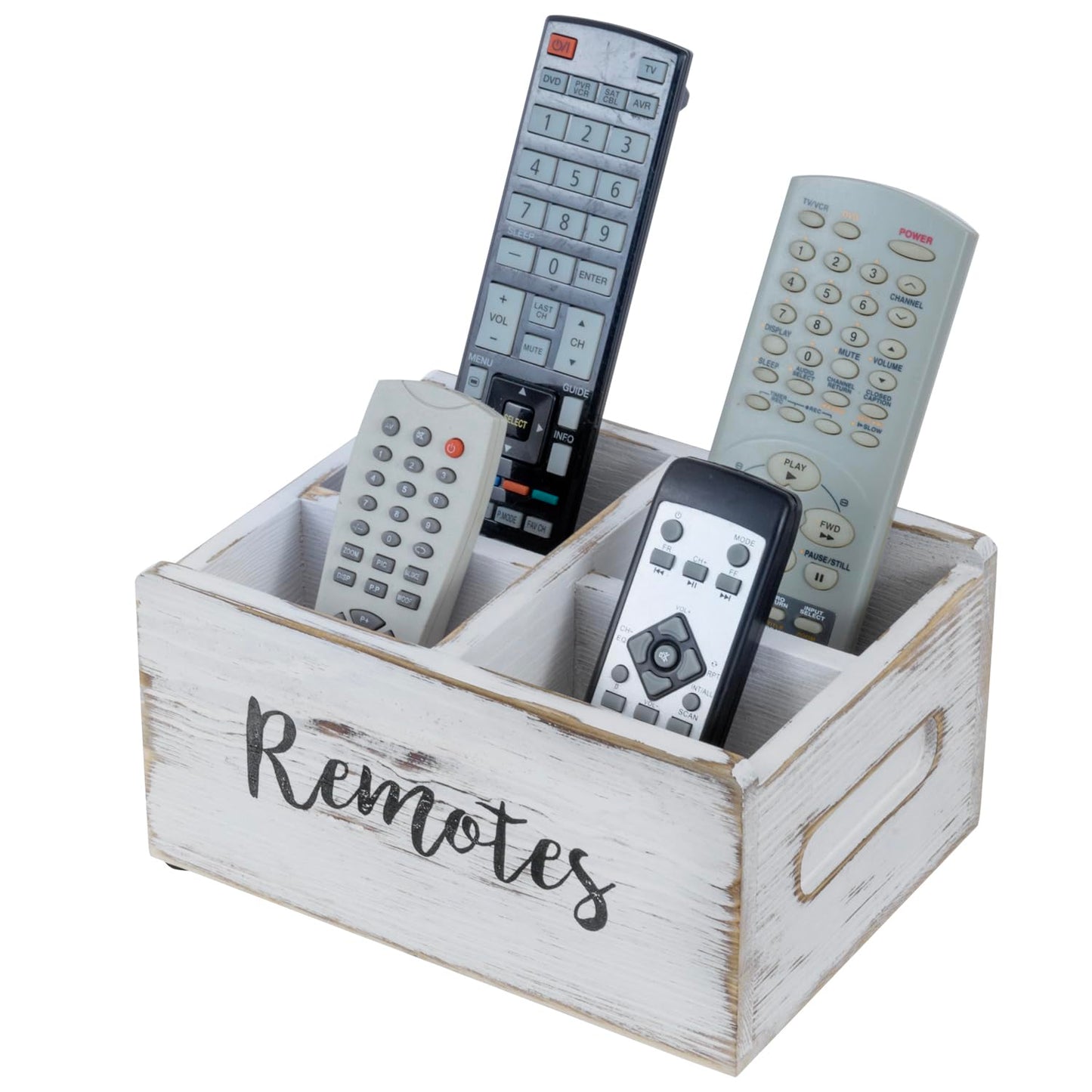 MyGift Wood Remote Control Holder Organizer with 4 Compartments, Media Remote Caddy Storage with Cursive REMOTES Design, Whitewashed