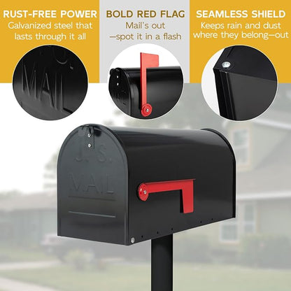 BlissBoard Large Mailboxes for Outside, Black Galvanized Steel Post Mount Mailboxes, Rust-Resistant Large Capacity Metal Mail Boxes for House Outside, 22 x 10.7 x 8.9 inches