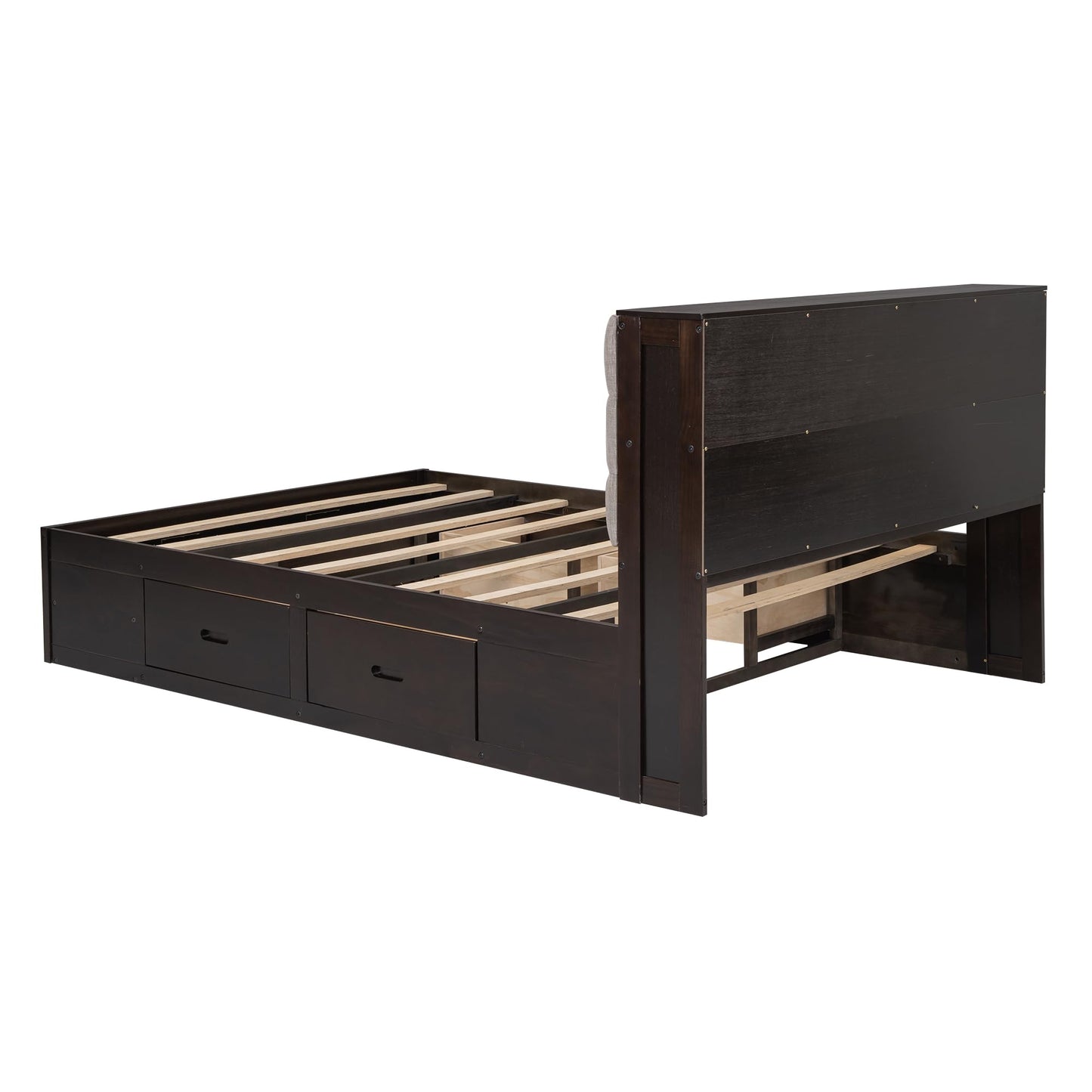GDFStudio Boden Queen Size Upholstered Headboard, Queen Size Platform Bed with Storage Headboard, Wooden Bed Frame with Shoe Rack and Organizer Drawer, Ample Storage Shelves and 4 Drawers, Espresso