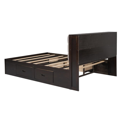 GDFStudio Boden Queen Size Upholstered Headboard, Queen Size Platform Bed with Storage Headboard, Wooden Bed Frame with Shoe Rack and Organizer Drawer, Ample Storage Shelves and 4 Drawers, Espresso