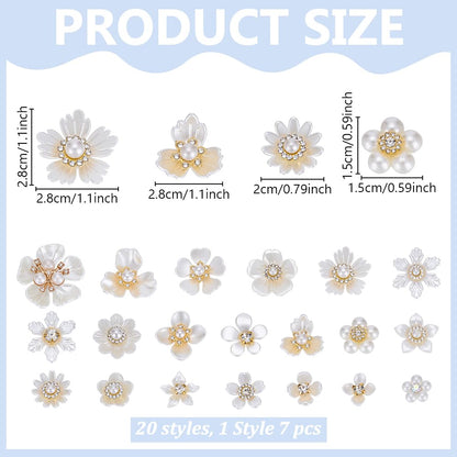 PLIGREAT 140 Pcs Rhinestone Buttons, Pearl Buttons Flat Back Flower Rhinestone Button Embellishments for Crafts Jewelry Making DIY Wedding Party Hair Bouquet Clothes Bags Home Decoration, 20 Styles
