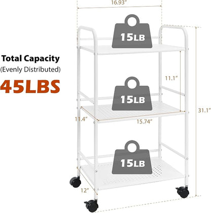 SunnyPoint 3-Tier Rolling Utility Cart – Metal Storage Organizer with Wheels, Mobile Kitchen Cart, Office & Home Organizer, White, 12" D x 16.92" W x 31.1" H