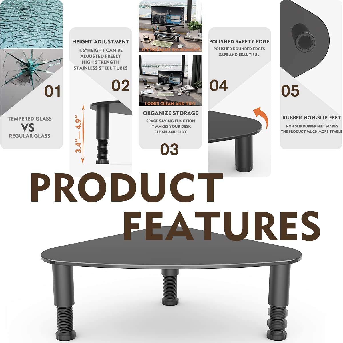 Hemudu Tempered Glass Computer Monitor Riser/Triangle Save Space Desktop Corner Stand for Computer Monitor & Laptop Black HD01B-003