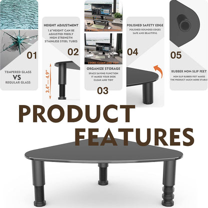 Hemudu Tempered Glass Computer Monitor Riser/Triangle Save Space Desktop Corner Stand for Computer Monitor & Laptop Black HD01B-003