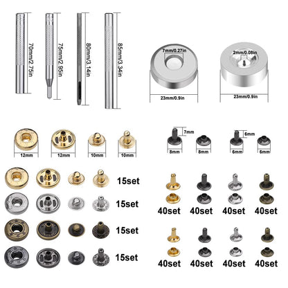 Yizzvb 320 Pcs Leather Rivets Kit, 60 Pcs Leather Snap Fasteners, 2 Size Double Cap Rivets Tubular, Double-Sided Nylon Hammer Fixing Tool Kit, Installation Tools for DIY Projects, Shoes and Repair