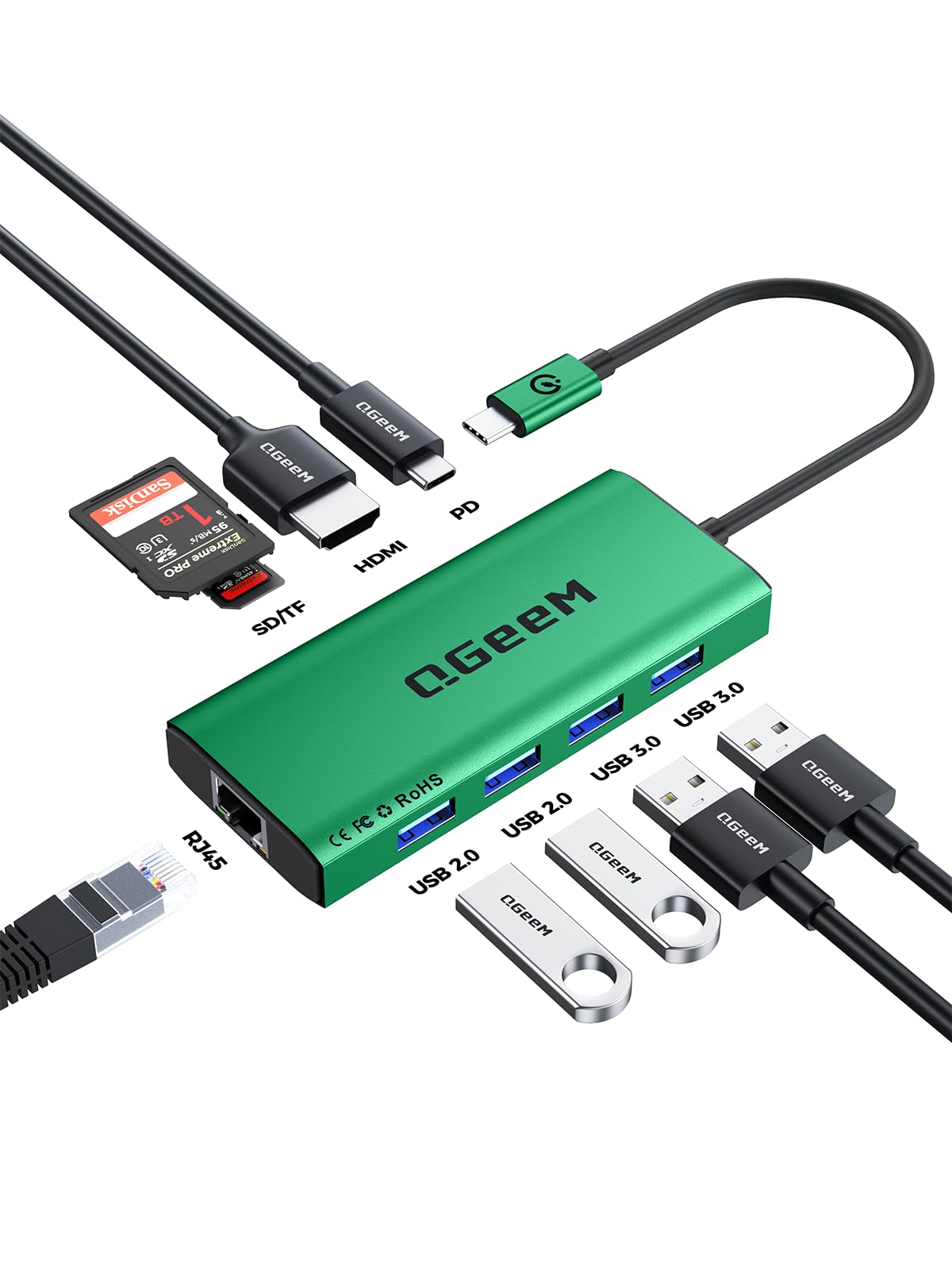 QGeeM USB C Hub Ethernet,9 in 1 USB Type C Hub HDMI Multi-Port Converter Adapter,100W Pd, USB 3.0,SD/TF Card Reader,Compatible for MacBook Pro Air Ipad HP Dell Lenovo Chromebook etc.