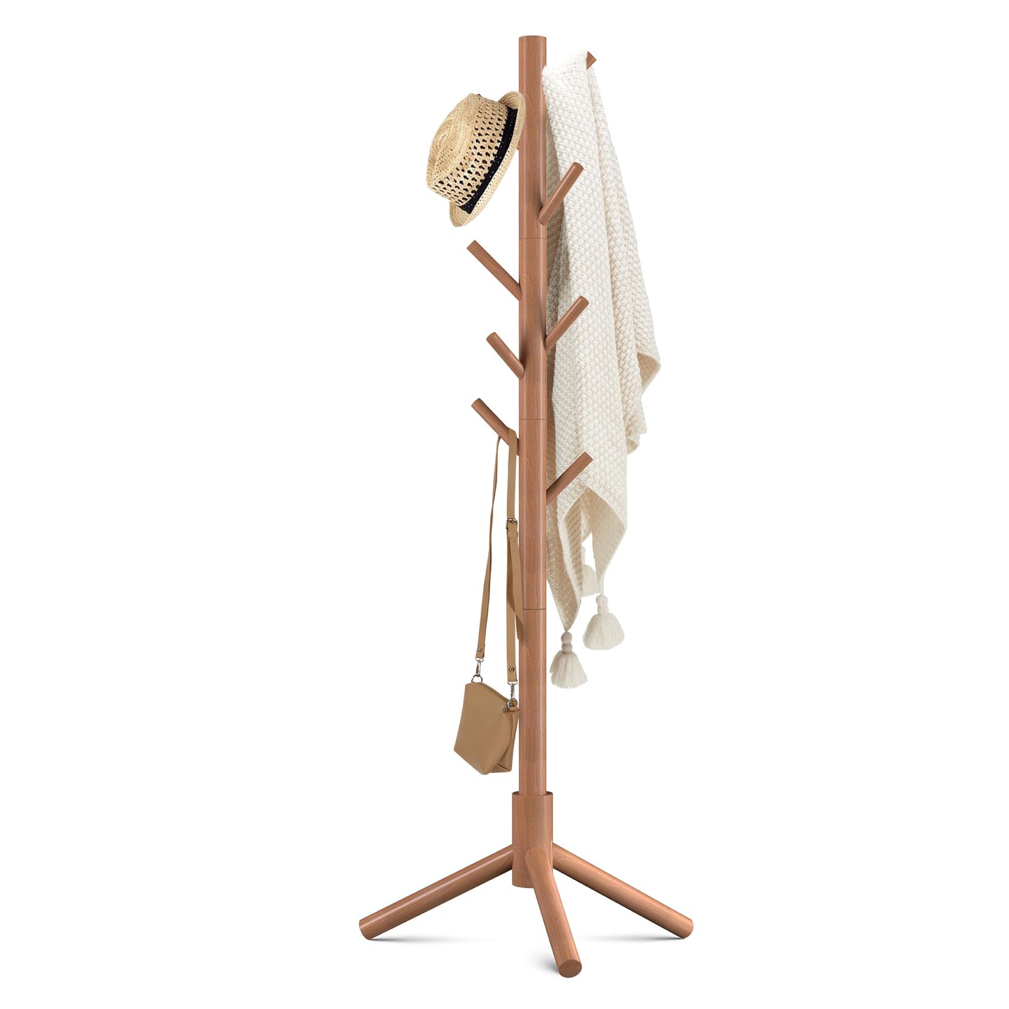 Haddockway Wooden Coat Rack Stand with 8 Hooks New Zealand Pine 3 Adjustable Coat Standing Tree Easy Assembly for Coats, Hats, Scarves and Handbags for Entryway, Hallway, Bedroom, Office