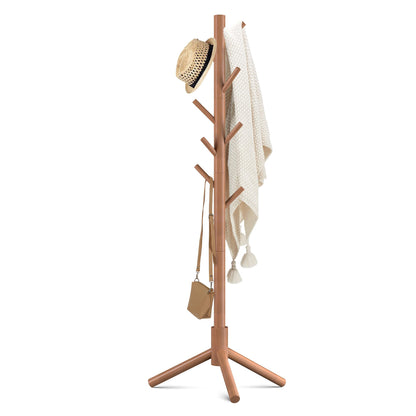 Haddockway Wooden Coat Rack Stand with 8 Hooks New Zealand Pine 3 Adjustable Coat Standing Tree Easy Assembly for Coats, Hats, Scarves and Handbags for Entryway, Hallway, Bedroom, Office