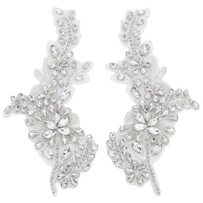 FINGERINSPIRE 2 PCS Handmade Beaded Crystal Patches Sparkly Sewing Floral Rhinestone Lace Applique Patch Clear Glass Rhinestones Embroidery Lace Patches for Wedding Dress Decoration Clothes Accessory