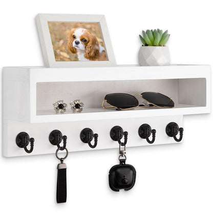 Lucundm Key and Mail Holder Wall Mount, Key Hanger with Long Storage Box and 6 Hooks for Coat, Dog Leash, Home Decor Rack, House Accessories, Entry Way Organizer (White)