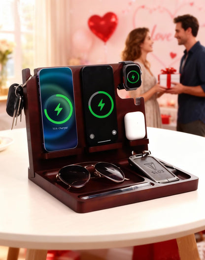 Nightstand Organizer with Dual 15W Phone Wireless Charging Station for 2 iPhone,Apple Watch and Airpods,Bamboo Wood Phone Docking Station,Gifts for Men Dad Husband
