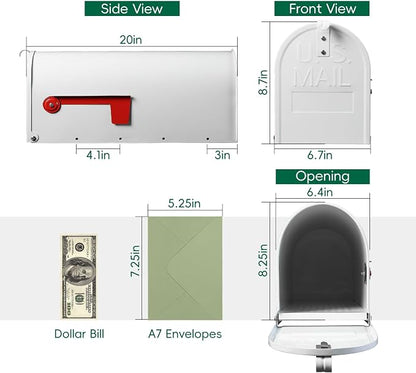 BlissBoard White Mailboxes for Outside Post Mount, Galvanized Steel Metal Mailbox, Standard Size, 20 x 8.7 x 6.7 Inches