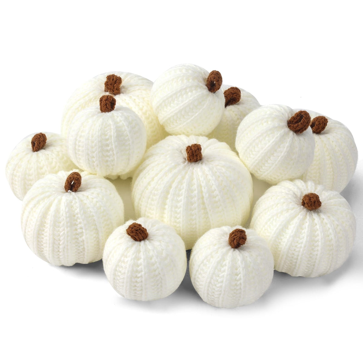 12-Pack Fall Crochet Pumpkins Handmade Fall Decor Set with 2.36, 3.15, 4inch Sizes Knit Pumpkins Farmhouse Thanksgiving Table Centerpiece, Halloween Decorations (White)