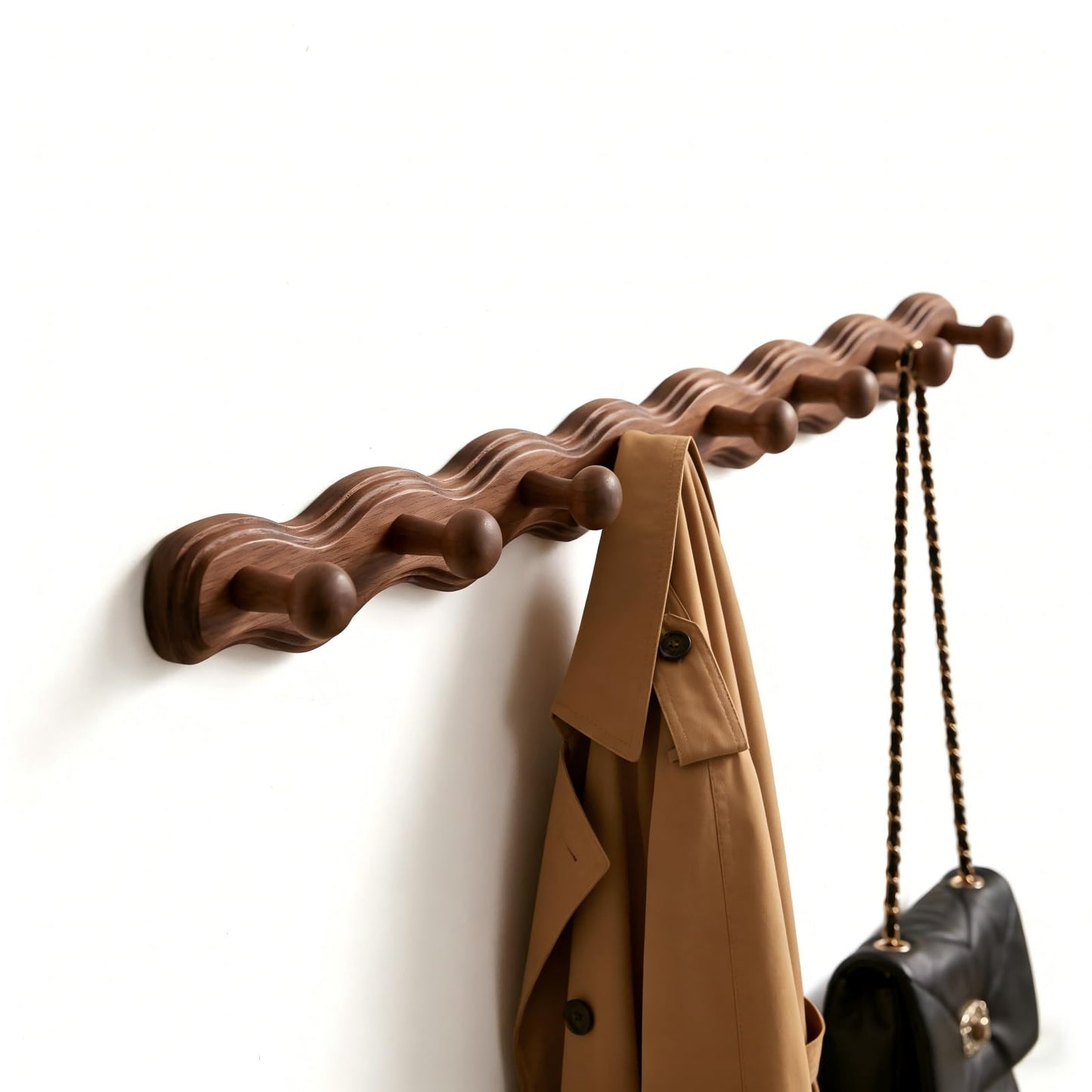Wood Coat Rack Wall Mount -8 Pack Walnut Coat Hooks for Hanging Clothes,Keys, Robes,Purse,Towels,Bags,Backpack, Modern Decorative Wall hooks Heavy Duty Hanger Organizer for Bathroom,Entryway & Bedroom