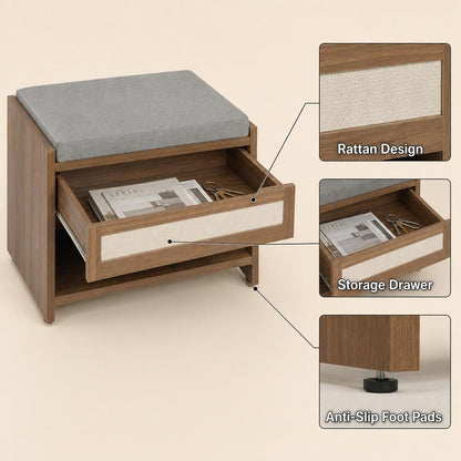 GarveeHome 2 Pack 31" Rattan Entryway Shoe Bench with Storage Drawer & Padded Linen Seat – Farmhouse Wicker Bench Organizer for Hallway, Front Door & Bedroom,Caramel Oak