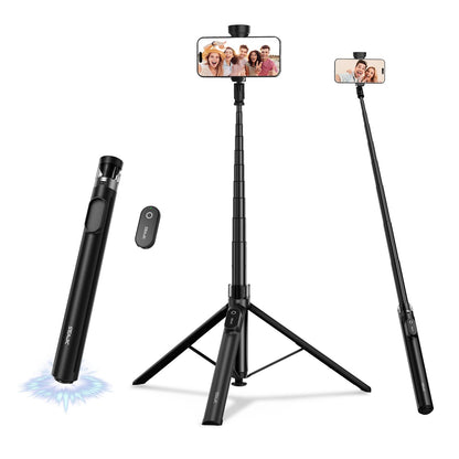 SEAJIC 66" Automatic Phone Tripod Stand with Remote, Cell Phone Tripod for iPhone Video Recording & Live Streaming, Adjustable Selfie Stick Tripod for Content Creators, Vloggers (Black)