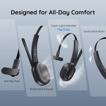 EKSA Bluetooth Headset, Wireless Headphones with AI-Powered Environmental Noise Cancelling Microphone (ENC) & Fast Charging Stand, Lightweight, 45Hrs On-Ear Headphone with USB Dongle for PC (Black)