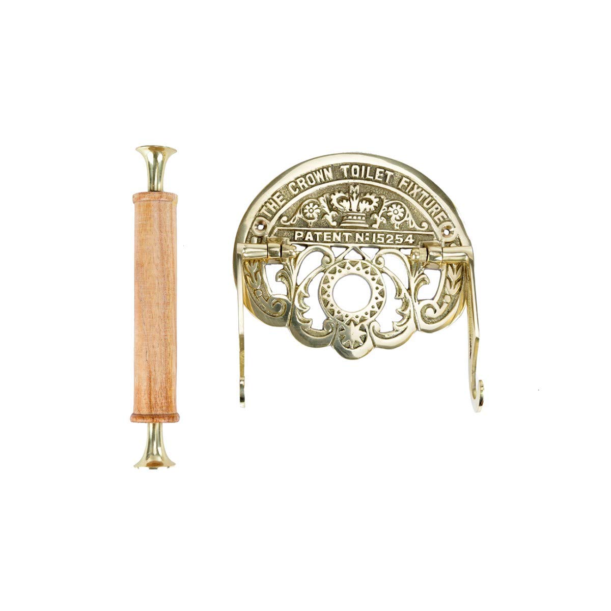 Bright Brass Wall Mount Toilet Paper Holder 7.25" Wide Vintage Crown Style Solid Brass Easy Install Toilet Tissue Paper Holders with Wooden Roll for Bathroom | Renovators Supply Manufacturing