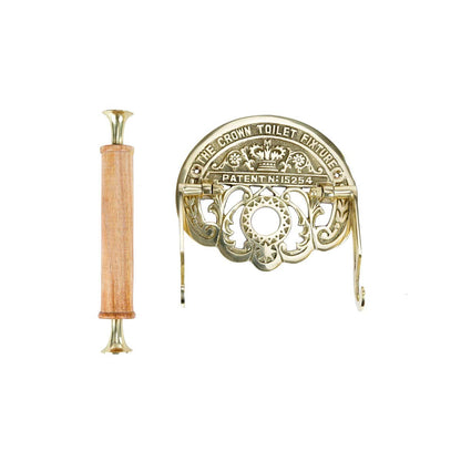 Bright Brass Wall Mount Toilet Paper Holder 7.25" Wide Vintage Crown Style Solid Brass Easy Install Toilet Tissue Paper Holders with Wooden Roll for Bathroom | Renovators Supply Manufacturing