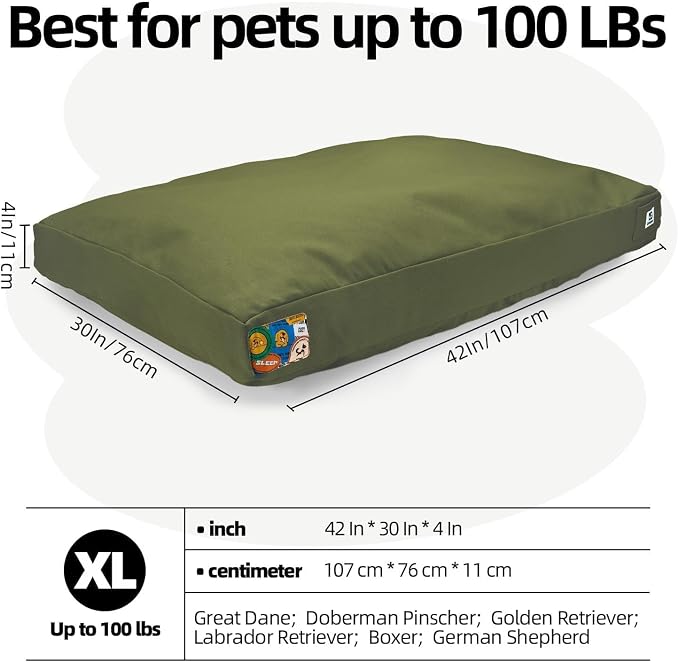 42 Inch Durable Indestructible Dog Bed for Extra Large Dogs, Outdoor Canvas Chew Proof Pet Crate Mat with Waterproof Washable Removable Cover, Indoor Patio Pet Pad for Crate, Green