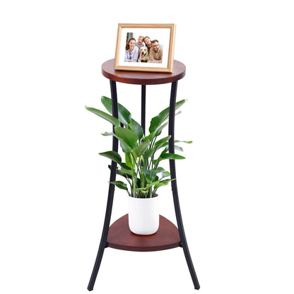 Yedcxup 2-Tier Tall Plant Stand Indoor Outdoor, Round Wooden Corner Plant Shelf with Walnut Panel & Black Metal Frame, Modern Flower Pot Holder Rack for Living Room, Balcony, Patio Decor