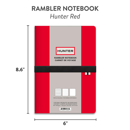 Hunter - Rambler Refillable Notebook, 8.6” X 6” Book with 3 A5 Booklets, 80 Pages Each of Lined Paper, Dot Grid, & Blank Pages for Drawing or Journaling, Elastic Band & Inside Pocket, Hunter Red