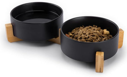 MateeyLife Ceramic Dog and Cat Bowls with Stand, 2-Pack Food and Water Bowl Set - Non-Slip Pet Bowls for Cats,Puppies and Small Dogs, 13.5OZ（Black）