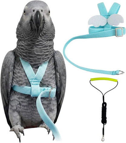 Adjustable Bird Harness with Elastic Leash, Pet Parrot Harness and Leash, Adjustable Training Design Anti-Bite, Bird Nylon Rope with Cute Wing for Conure (Lake Blue,XXL)