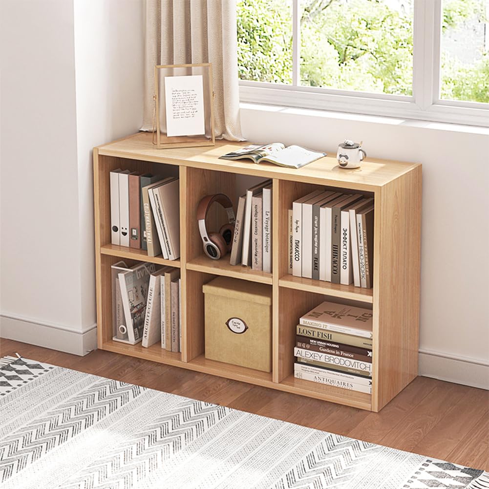 NELYE 6 Cube Organizer Bookcase - Fabric Storage Bins Container, Open Shelf Simple Compartments Bookshelf, Oak