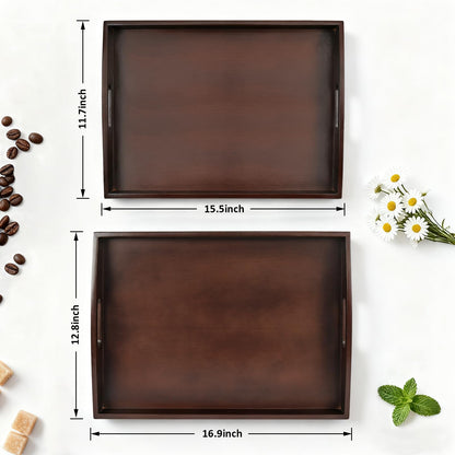Bamboo Serving Trays with Handles, Set of 2 for Food & Coffee, Dark Brown