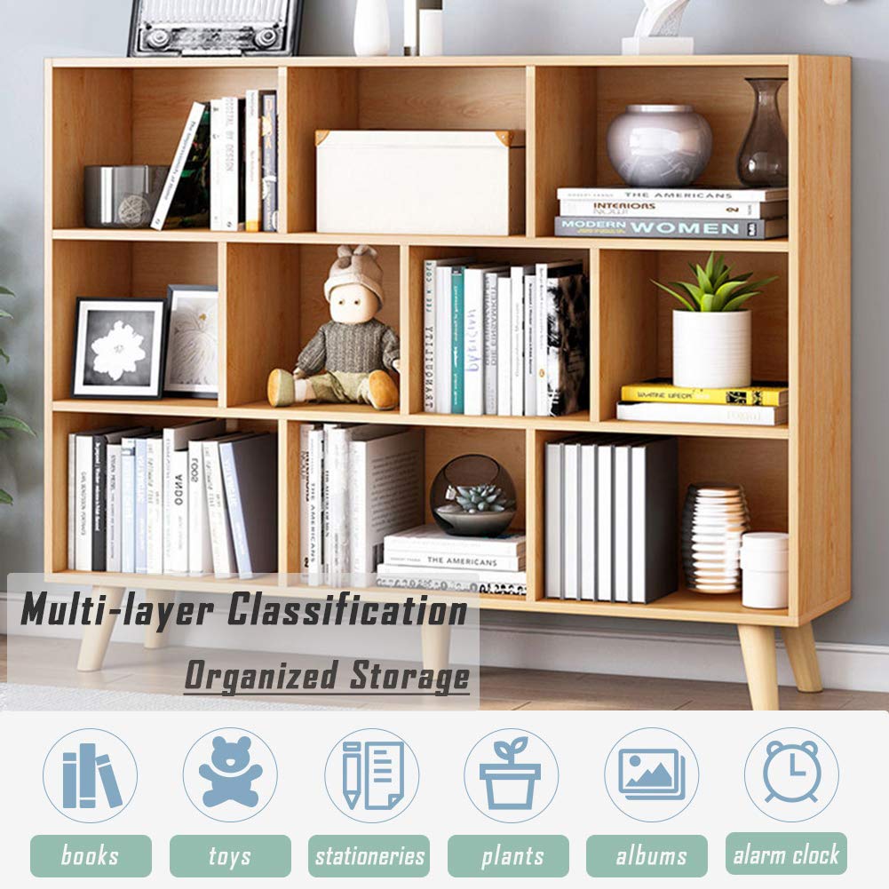 IOTXY Wooden Open Shelf Bookcase - 3-Tier Floor Standing Display Cabinet Rack with Legs, 10 Cubes Bookshelf, Pear Yellow