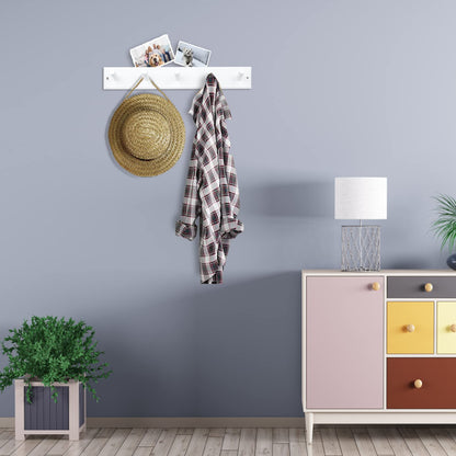 horkmous Wooden Coat Rack 2Pcs, 16'' Hole to Hole Wooden Wall-Mounted Coat Hooks, 5 Pegs Bamboo Wall Hooks for Hanging Towels, Hats, Robes, Clothes, Keys, White