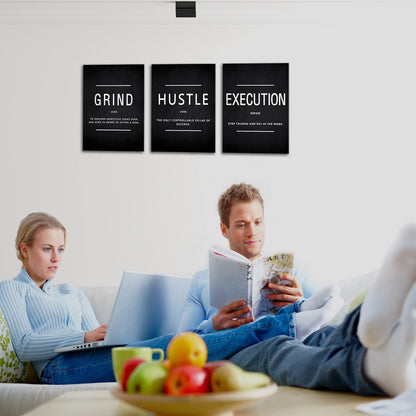 KAWAHONE Canvas Painting Wall Art, Grind Hustle Execution Motivational Wall Art Decoration Posters Prints for Living Room Bedroom, Office Decor, Gallery-Wrapped Canvas Art Set Framed Ready to Hang