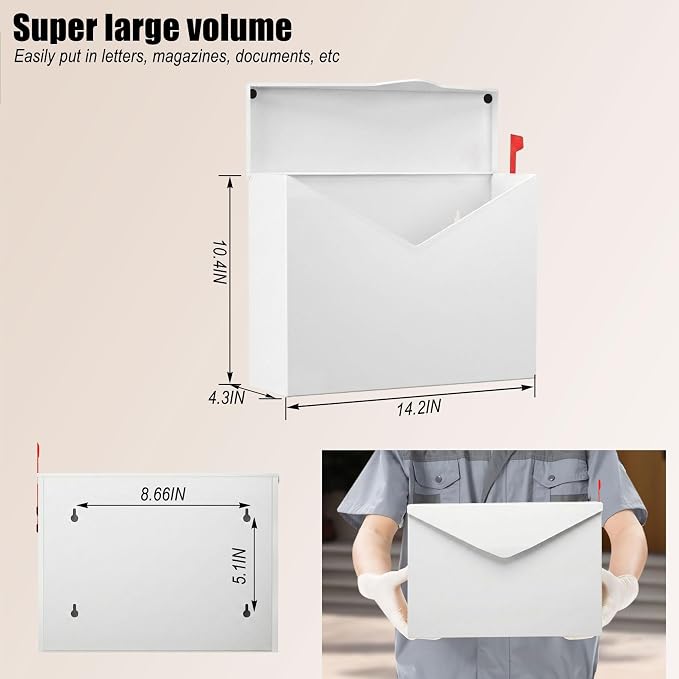 White Large Capacity Wall Mount Mailbox with Outgoing Mail Flag, 14.2”x10.4”x4.3” Steel Mail Box for Outside, Rust-Proof Galvanized Steel Post Box, Quiet Stay-Open Lid Smooth Operation Mailboxes