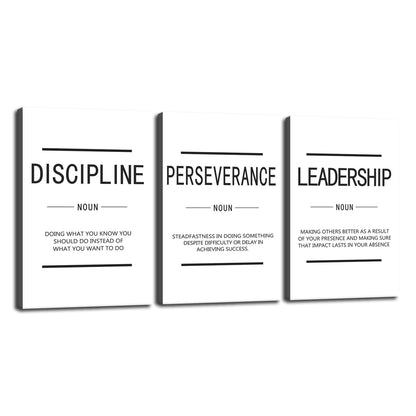 Inspirational 3 Pieces Discipline Noun Motivational Canvas Wall Art Inspirational Perseverance Leadership Noun Painting Poster Print Artwork Office Wall Decor Gym Living Room Frame[48''Wx 24''H]