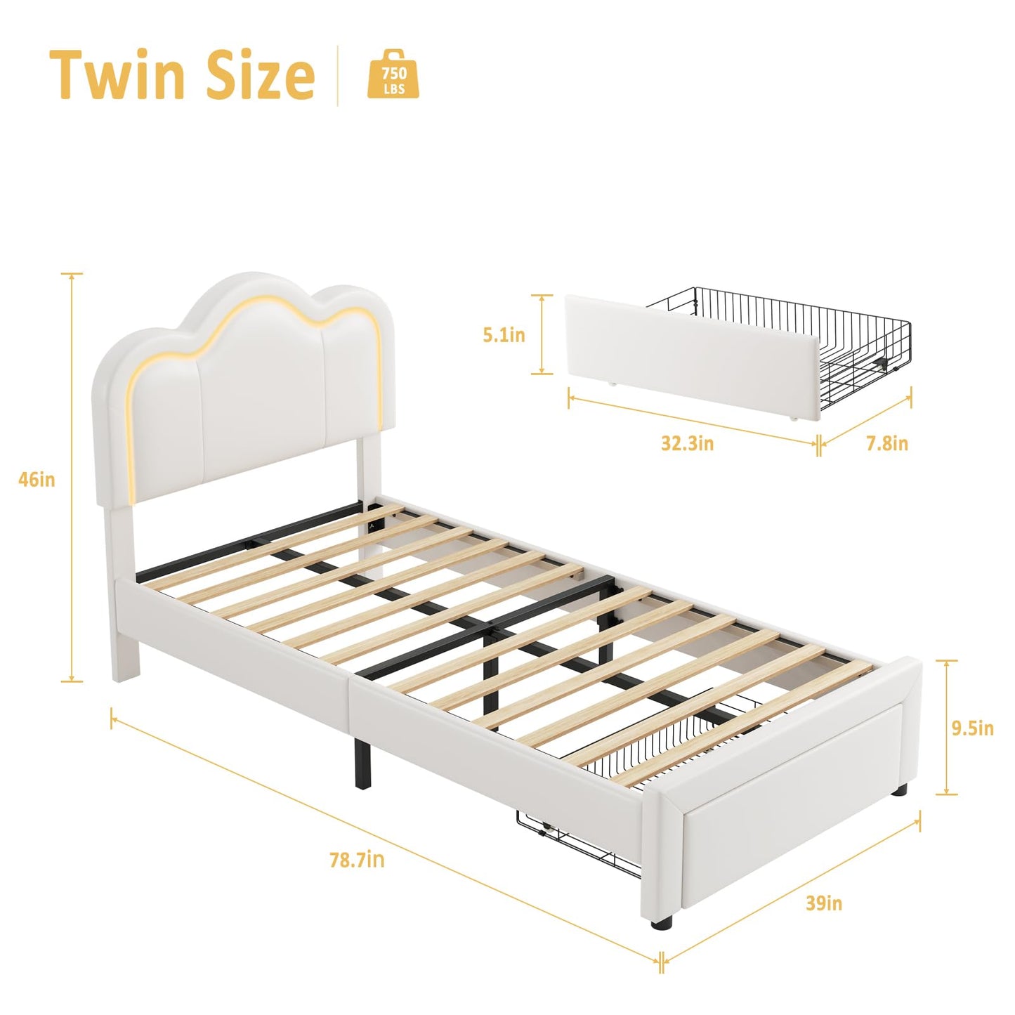 GarveeHome Twin Upholstered LED Bed Frame with Headboard and Storage Drawer, PU Leather Princess Platform Bed Frame for Kids, Wooden Slats Support, No Box Spring Needed (Cream)