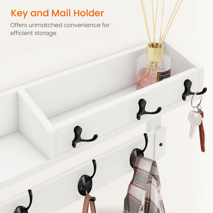 Homode Coat Rack Wall Mount with Hooks and Mail Holder, Entryway Floating Shelf with Key Hooks, Hanging Coat Hanger for Entry, Bathroom, Hallway, Bedroom, White
