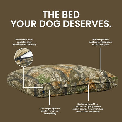 WHITEDUCK Outdoor Dog Bed Heavy-Duty 12oz Canvas, Water-Repellent Cotton, Machine Washable Removable Cover with Full-Length Zipper, Dog Bed for Large Dogs & Crate, Real Tree 41" Lx33 Wx4.3 th (XL)