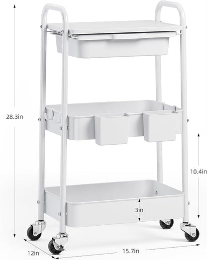 3 Tier Metal Rolling Utility Cart with Drawer & Lockable Wheels - Heavy Duty Multifunctional Storage Organizer with 2 Cups and 4 Hooks for Bathroom, Kitchen, Snack, Craft, Makeup, Baby Essentials