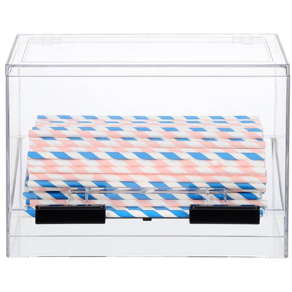 Cabilock Clear Acrylic Straw Dispenser Box 9X6.7X4.3 Inches Press Type Straw Organizer for Countertop Use in Restaurants Cafes and Snack Bars with Non-Slip Base