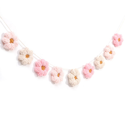 Boho Crochet Daisy Garland - Pink and Beige Yarn Floral Banner for Baby Girl Nursery Decor, Handmade Daisy Garland for Birthday Party, Boho Room Wall Hanging Decoration, Groovy one Birthday Decor