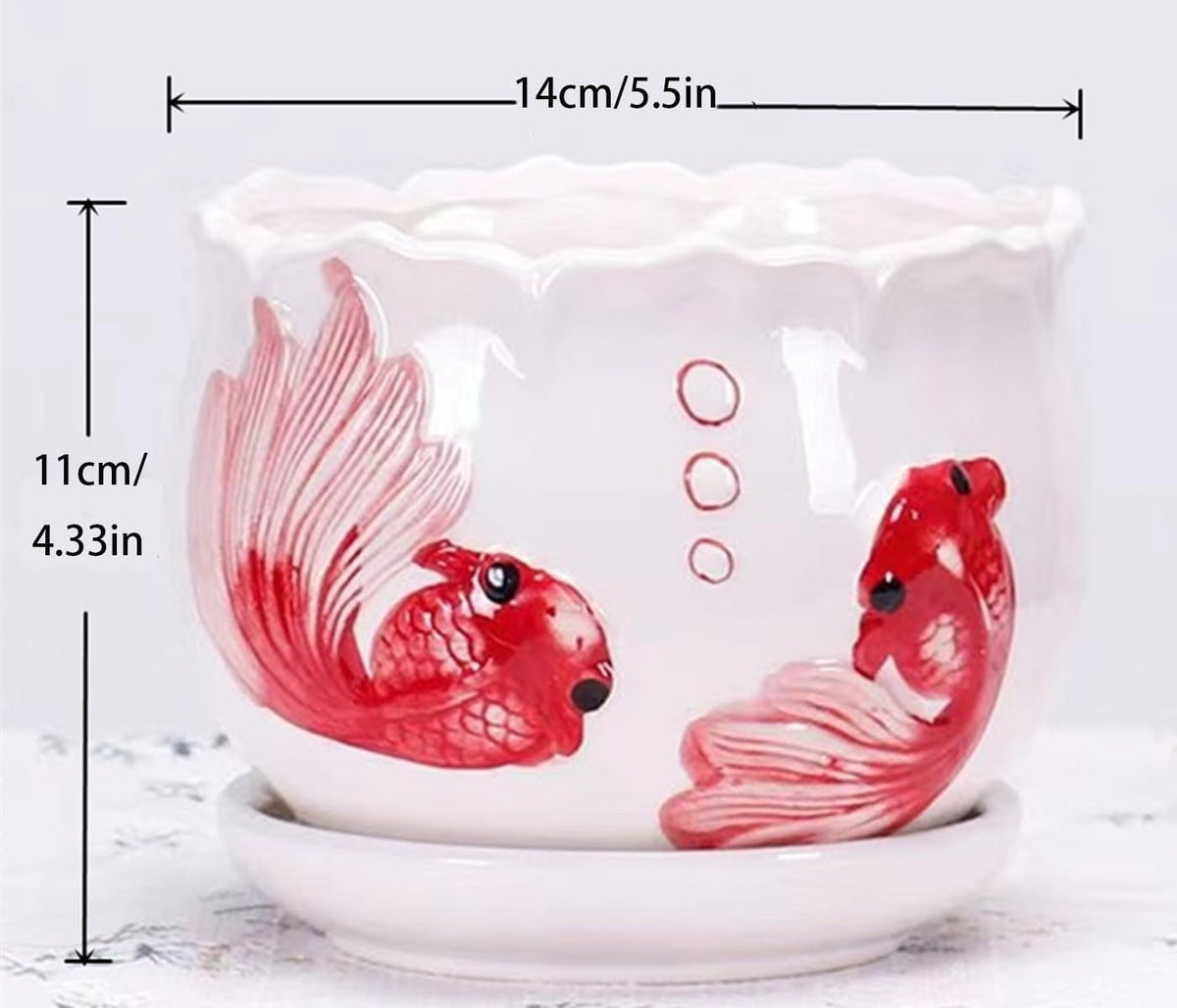 Brother Yixiu Ceramic Home/Garden Modern Flower Planter Pot with Saucer/Tray - Outside Red Fish Design,Meaning More Than Enough Year After Year (Like a Fish in Water)