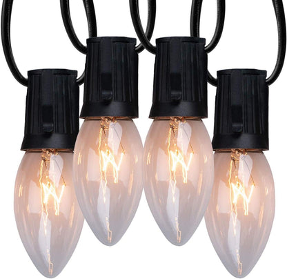 Minetom C9 String Lights, 50FT 50 Bulbs, Clear Bulb Black Wire, Model GYPI-O507BU, Long Life Outdoor Christmas Lights