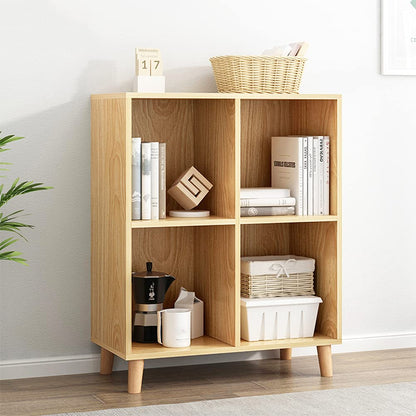 IOTXY Freestanding Open Cubes Bookcase - 2-Tier Floor Standing Wooden Storage Display Cabinet Organizer with Legs for Home Office, 4-Cubes Open Shelf Low Short Bookshelf, Oak