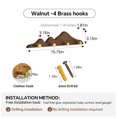 THFLSTR Elegant Wall Coat Rack with Hooks Walnut Wood Solid Coat Hanger Wall Mount with 4 Brass Hooks, Moisture-Resistant Wax Oil Finish for Home(Walnut, 4 Hooks)