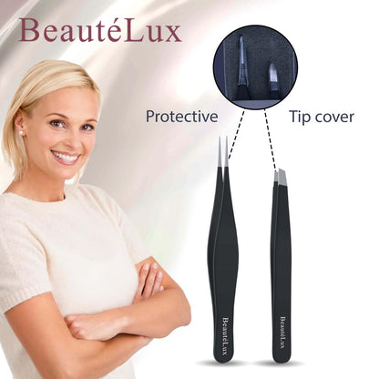 BeautéLux Precision Tweezer Set – Slant & Pointed Tip Stainless Steel Eyebrow Tweezers with Leather Pouch, Professional Hair Removal for Ingrown Hair, Chin, Splinter & Blackhead