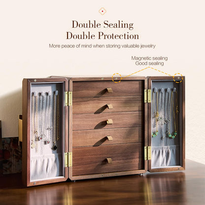 Wenseny Elegant Black Walnut Wooden Jewelry Box - 5-Layer Organizer with Quatrefoil Brass Handle, Antique-Style Storage for Her (9.2 IN)